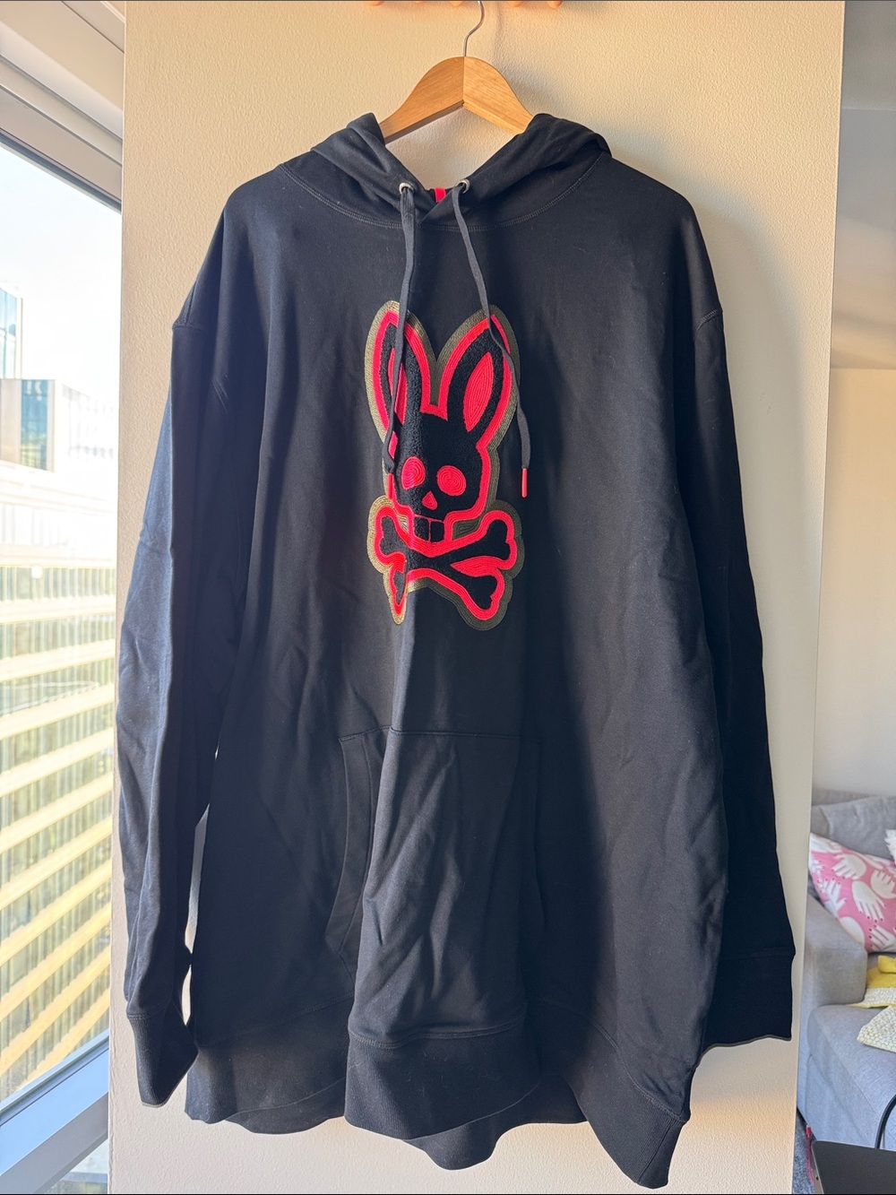 Psycho Bunny Black Hoodie with Neon Pink Bunny Skull